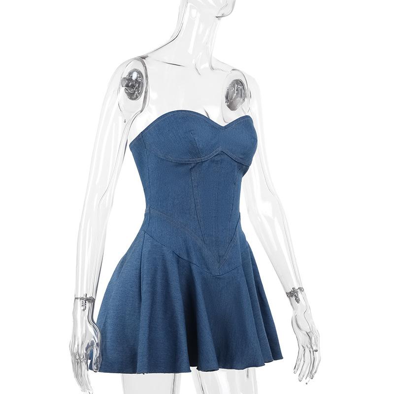 Denim sweetheart neck stitch ruched tube mini dress - Image 3