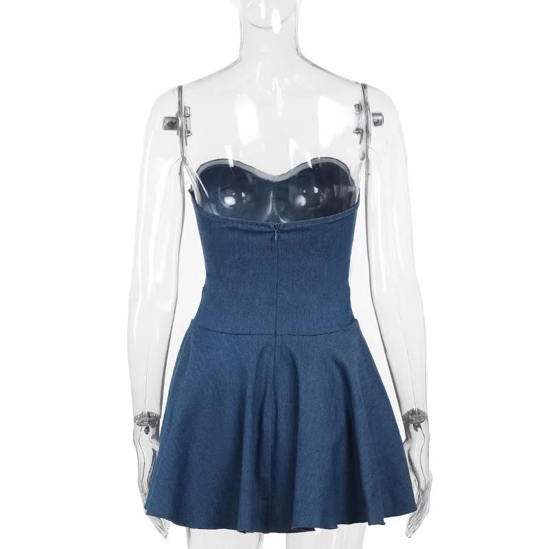 Denim sweetheart neck stitch ruched tube mini dress - Image 4