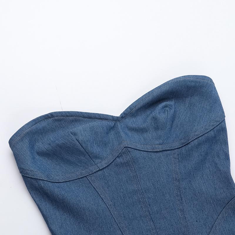 Denim sweetheart neck stitch ruched tube mini dress - Image 5