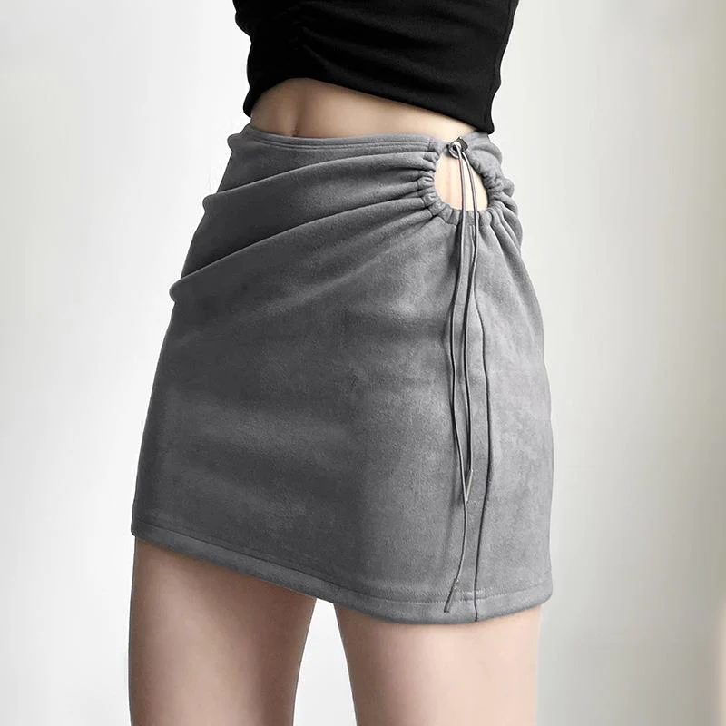 Drawstring irregular ruched solid mini skirt y2k 90s Revival Techno Fashion - Image 3