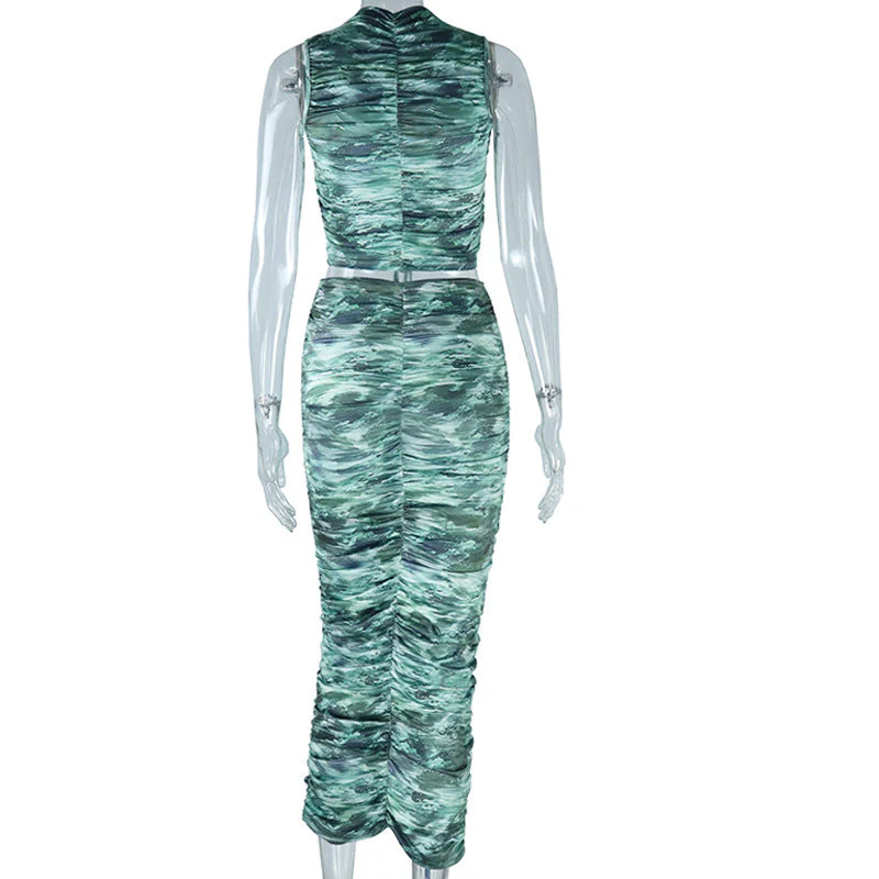 Drawstring ruched crewneck print midi skirt set - Image 4