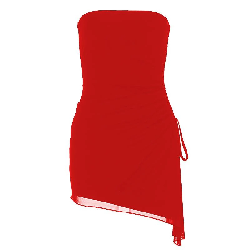 Drawstring ruched mesh irregular tube mini dress - Image 2