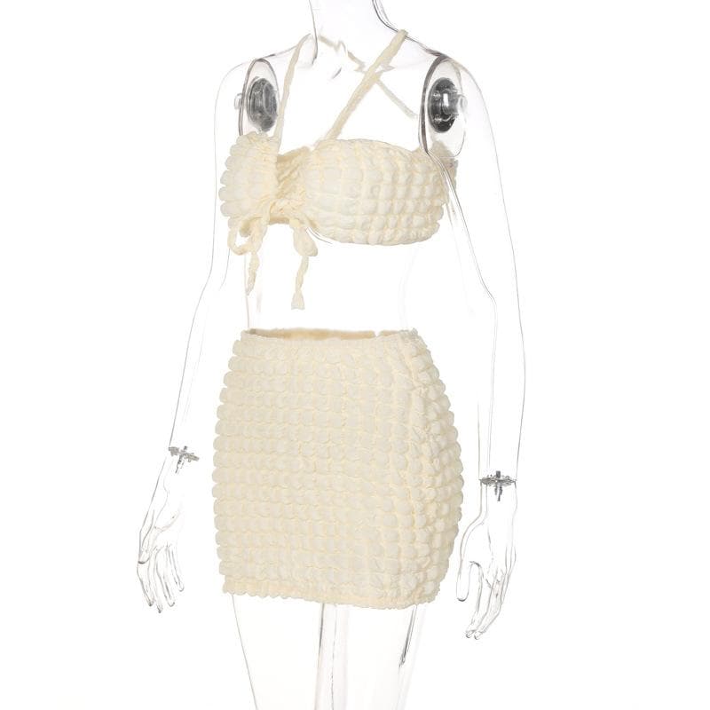 Drawstring ruched waffle solid mini skirt set - Image 3