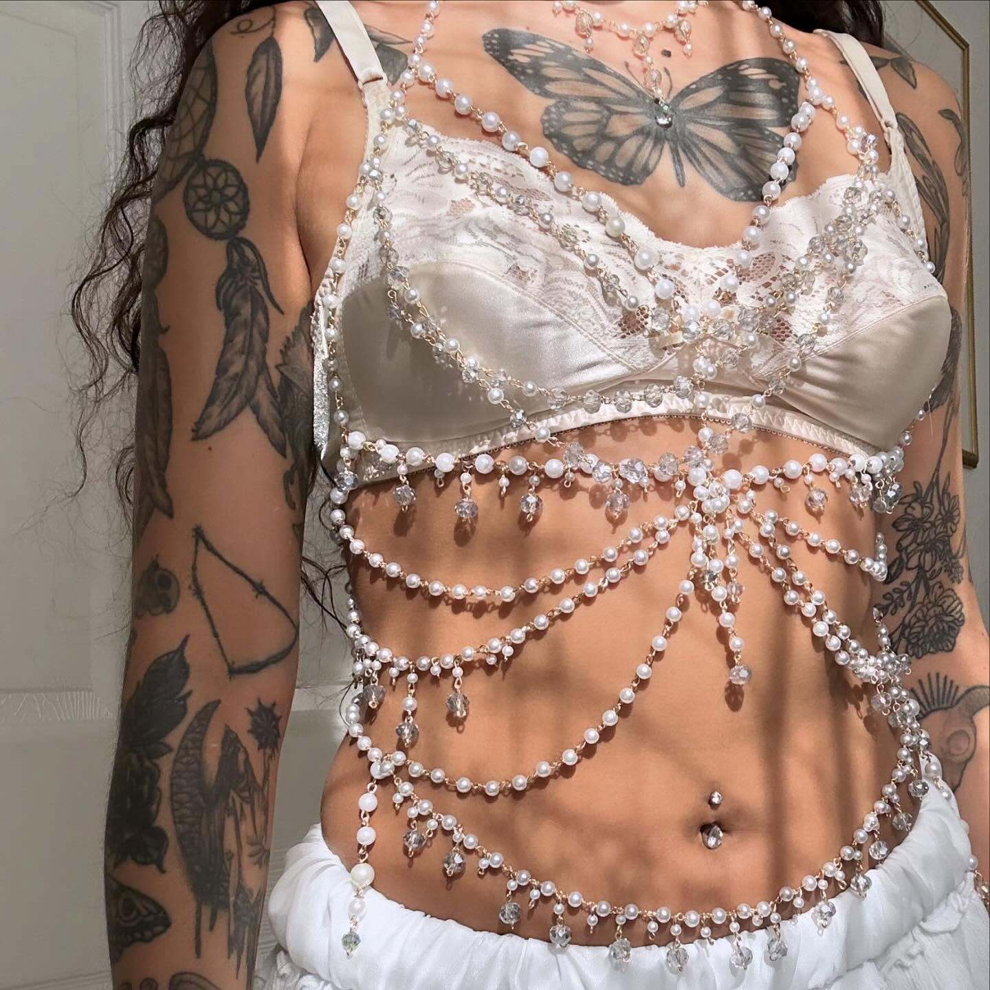 Faux pearl beaded body chain hollow out top