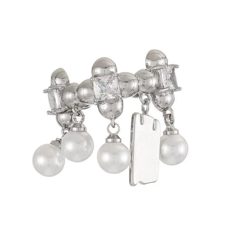 Faux pearl silver adjustable rhinestone ring - Image 3