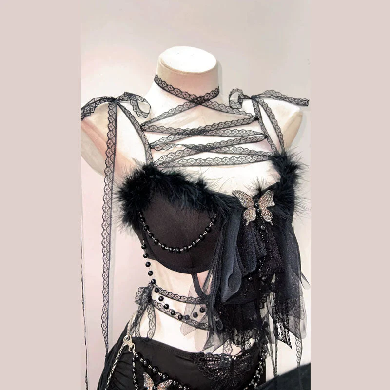 Feather butterfly applique ruched self tie mini skirt set - Image 3