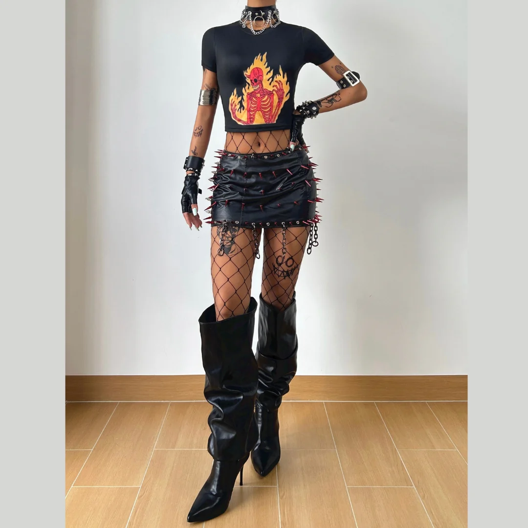 Fire demon skeleton print Baby Tee - Image 2