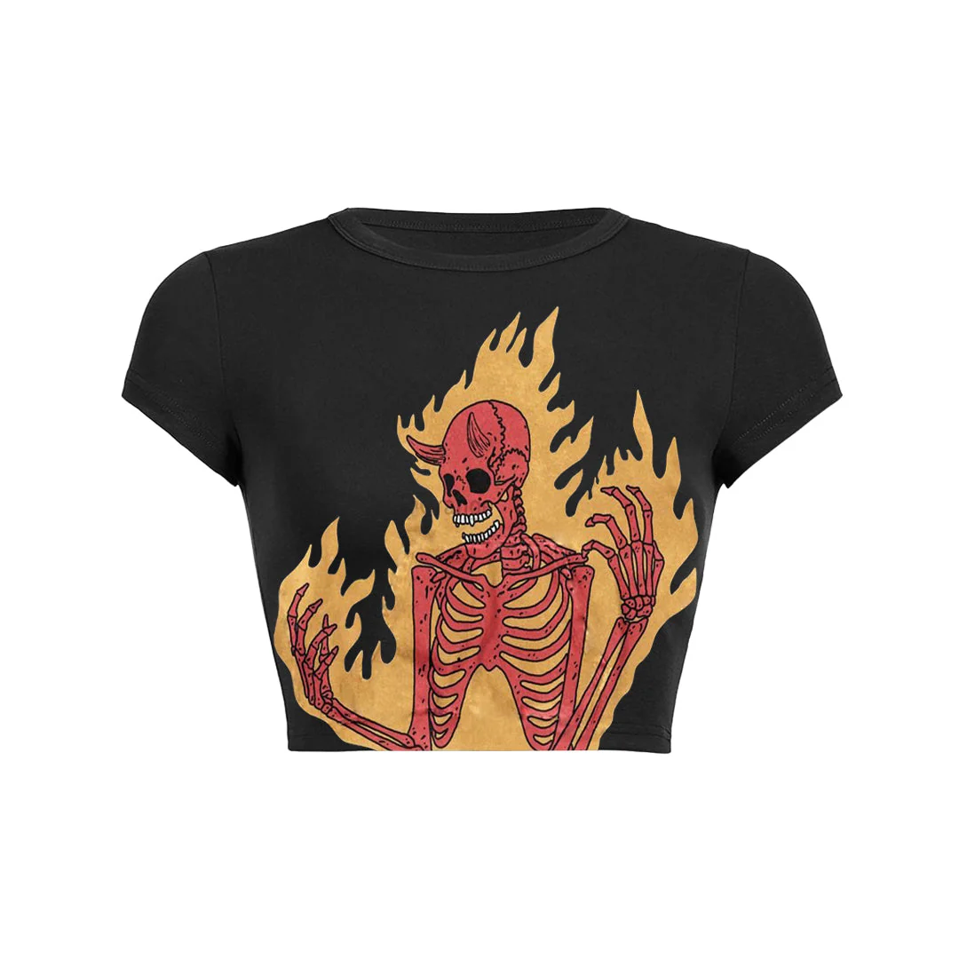 Fire demon skeleton print Baby Tee - Image 3