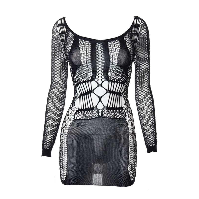 Fishnet long sleeve hollow out see through mini dress goth Alternative Darkwave Fashion goth Emo Darkwave Fashion - Image 3