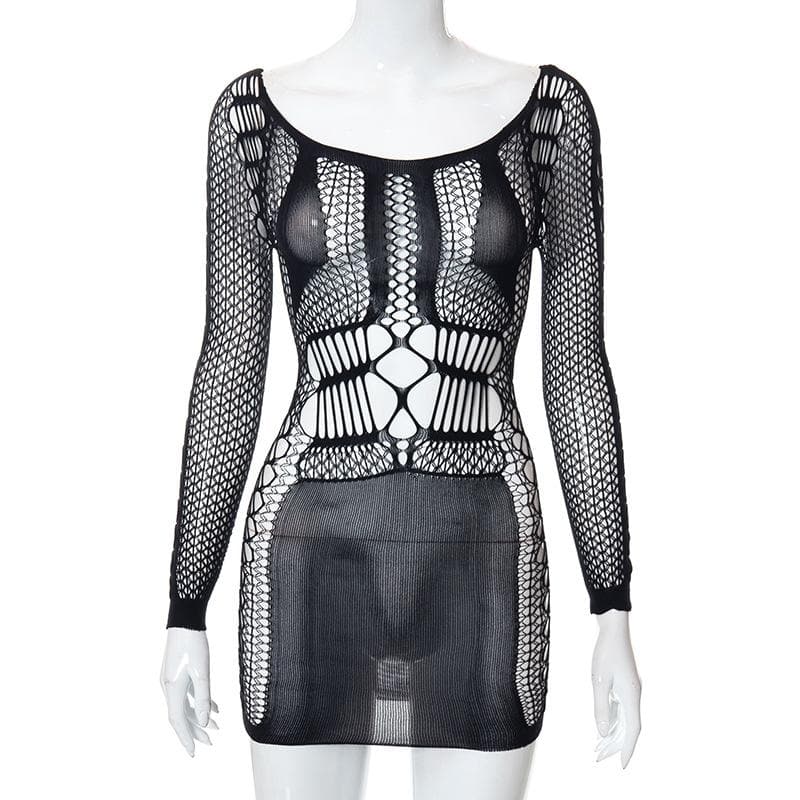 Fishnet long sleeve hollow out see through mini dress goth Alternative Darkwave Fashion goth Emo Darkwave Fashion - Image 4