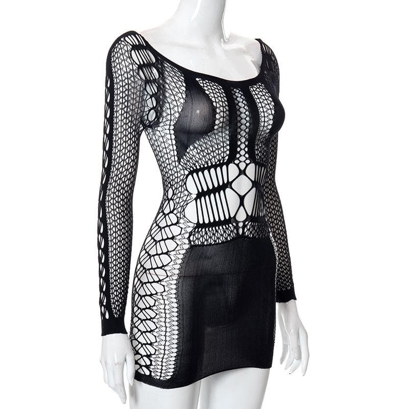 Fishnet long sleeve hollow out see through mini dress goth Alternative Darkwave Fashion goth Emo Darkwave Fashion - Image 5