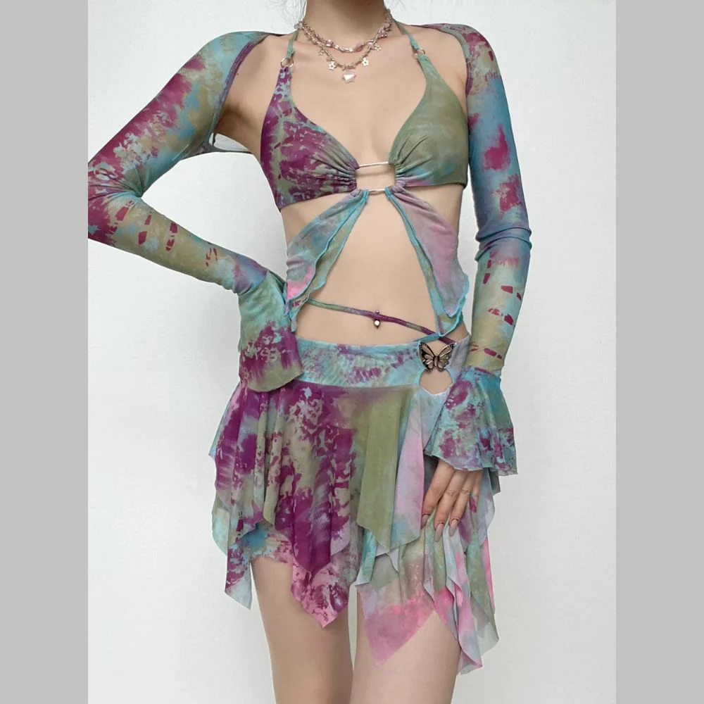 Flared sleeve tie dye o ring self tie halter low cut mini skirt set - Image 2