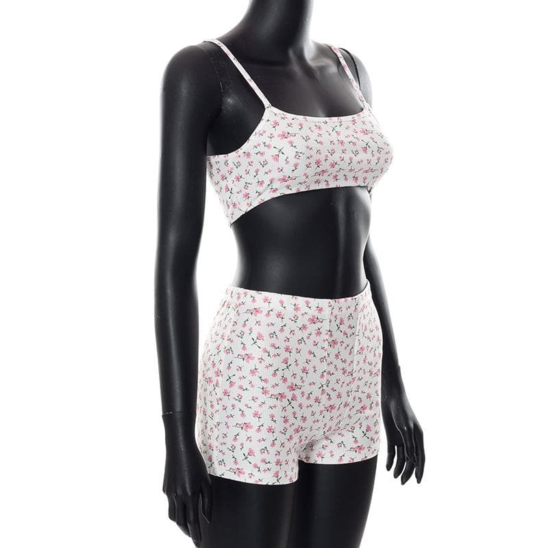 Floral print textured cami crop top short pant set y2k 90s Revival Techno Fashion - Image 3