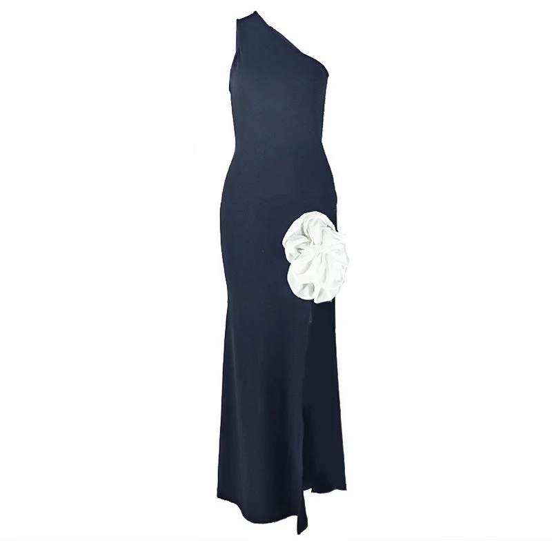 Flower applique one shoulder slit maxi dress