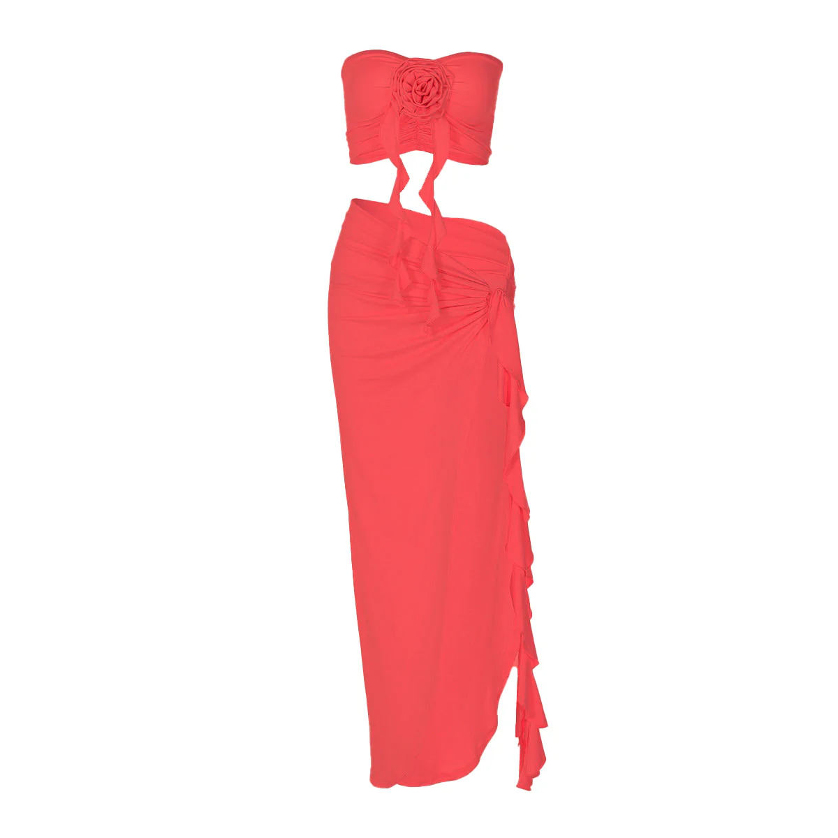 Flower applique ruffle high slit ruched tube skirt set - Image 2