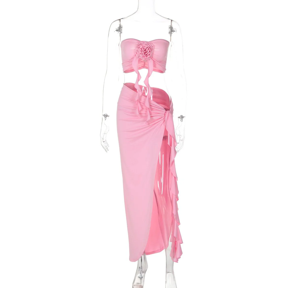 Flower applique ruffle high slit ruched tube skirt set - Image 3