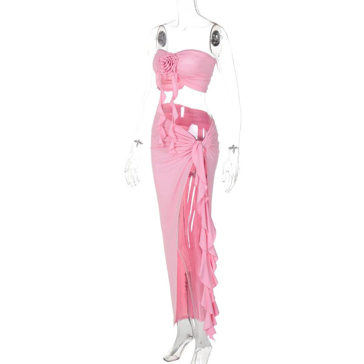 Flower applique ruffle high slit ruched tube skirt set - Image 4