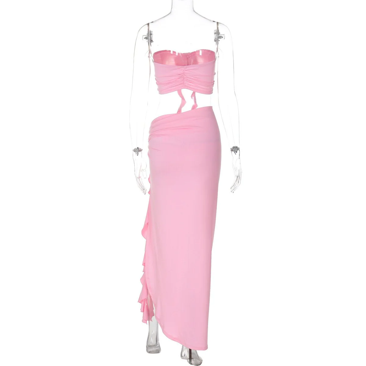 Flower applique ruffle high slit ruched tube skirt set - Image 5