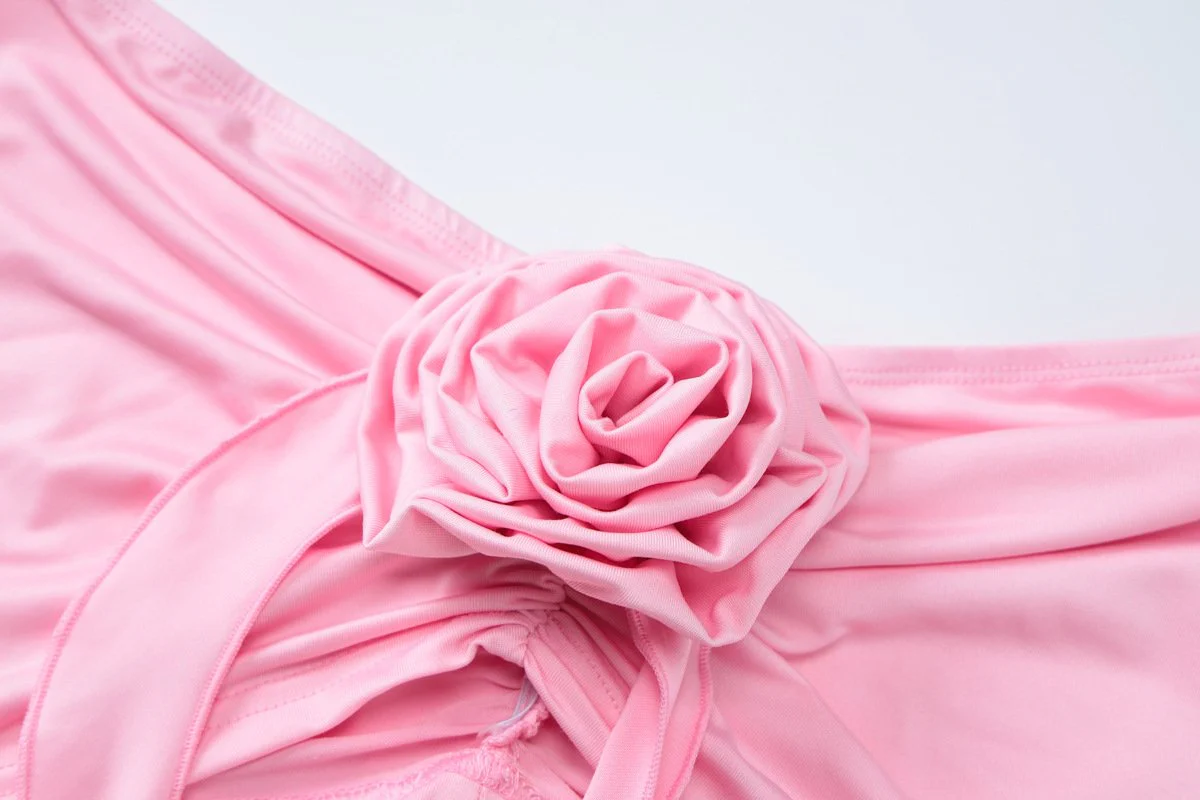 Flower applique ruffle high slit ruched tube skirt set - Image 8