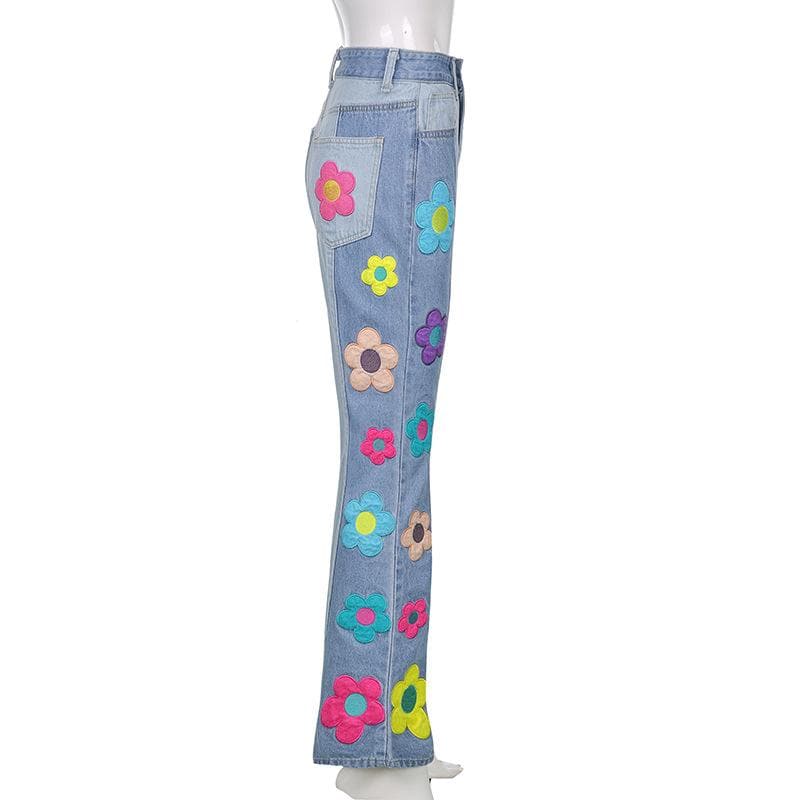 Flower embroidery patchwork contrast medium rise flared jeans y2k 90s Revival Techno Fashion - Image 3