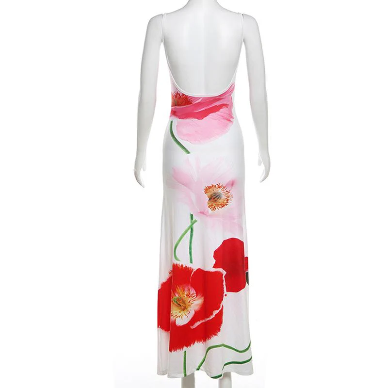 Flower print backless u neck cami maxi dress - Image 4