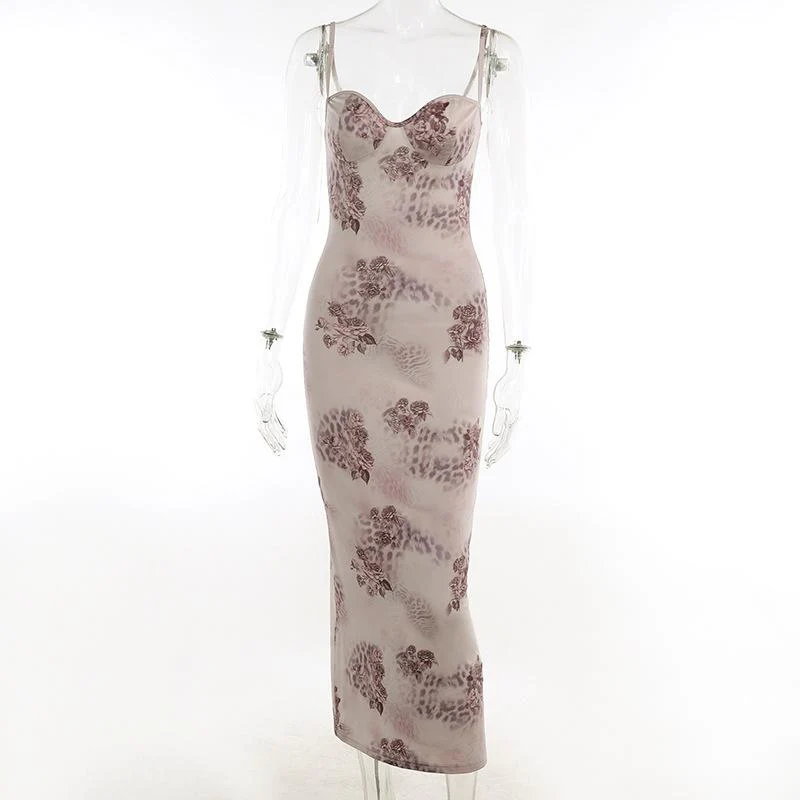 Flower print contrast sweetheart neck backless cami midi dress fairycore Ethereal Fashion - Image 2