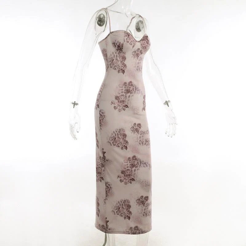 Flower print contrast sweetheart neck backless cami midi dress fairycore Ethereal Fashion - Image 3