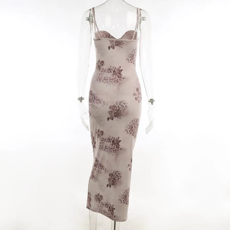 Flower print contrast sweetheart neck backless cami midi dress fairycore Ethereal Fashion - Image 4