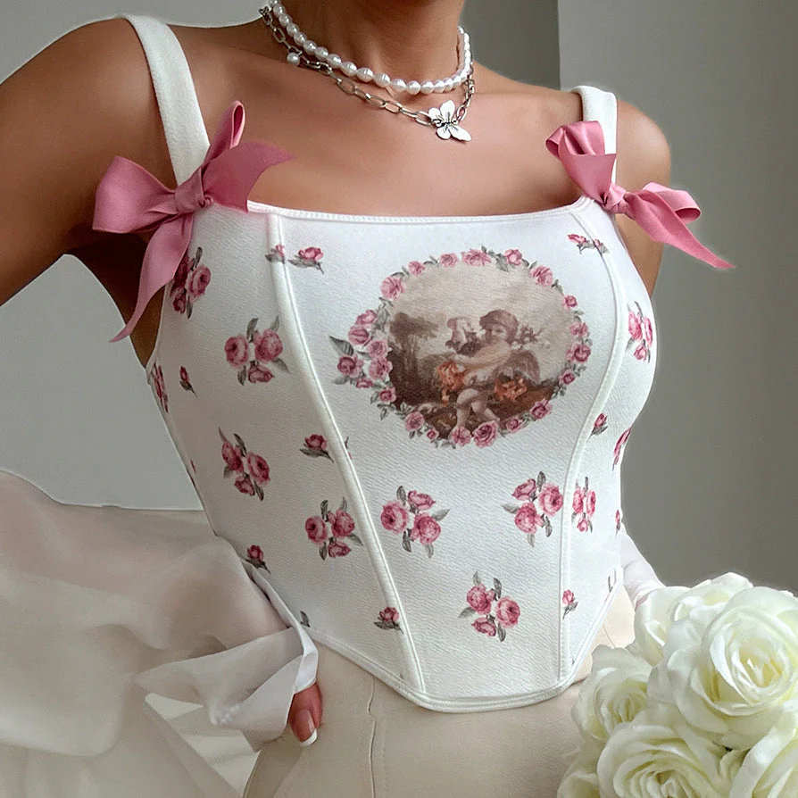 Flower print corset bowknot lace up cami top - Image 2