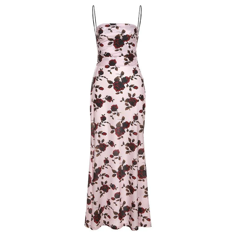 Flower print low cut spaghetti strap contrast lace up backless midi dress