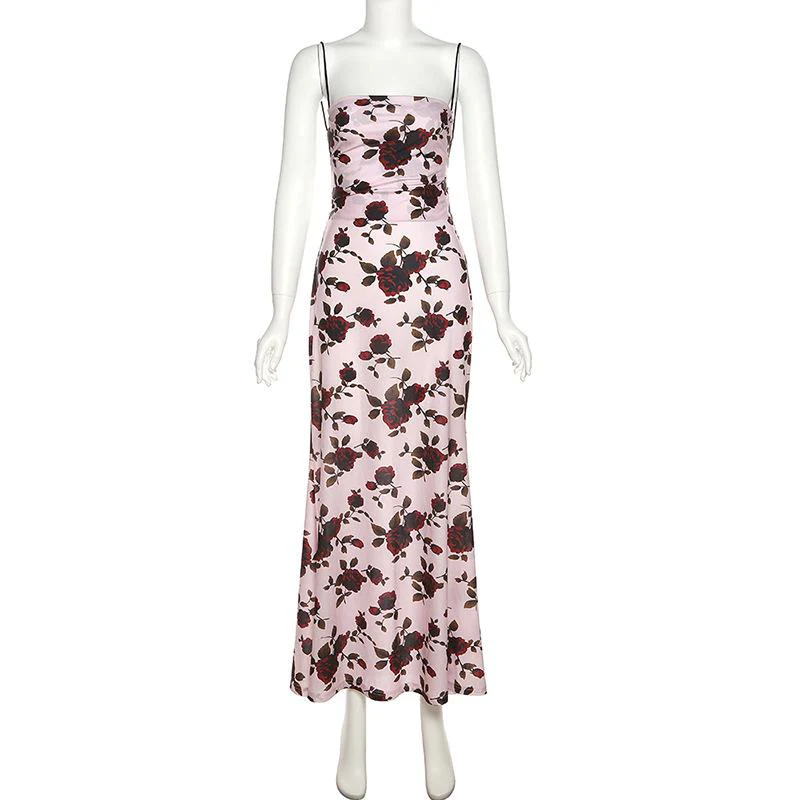 Flower print low cut spaghetti strap contrast lace up backless midi dress - Image 2