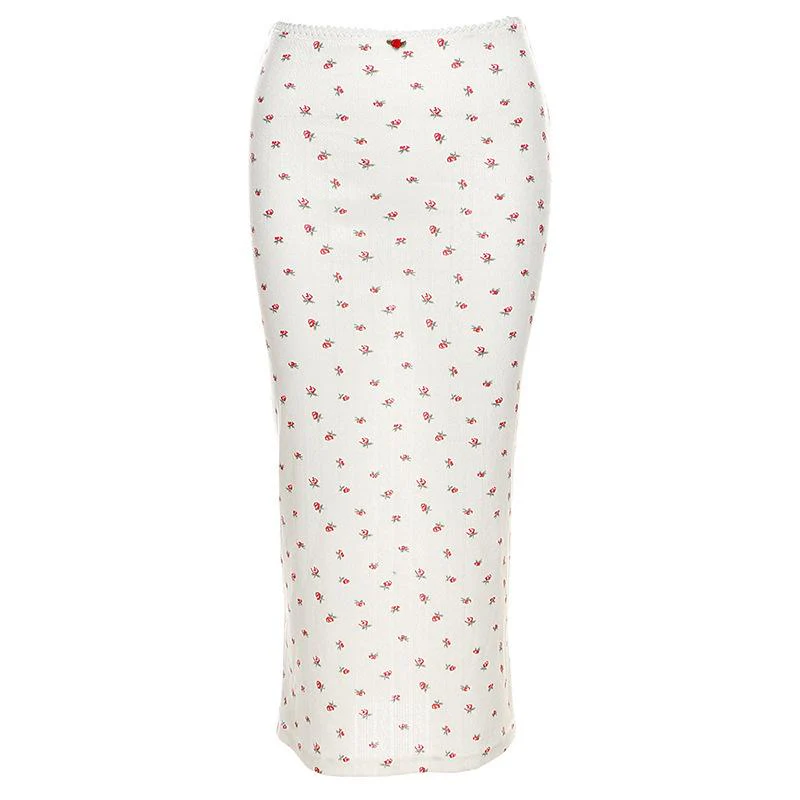 Flower print u neck sleeveless low rise lace hem midi skirt set - Image 3