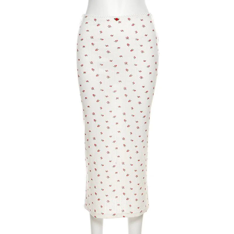 Flower print u neck sleeveless low rise lace hem midi skirt set - Image 4