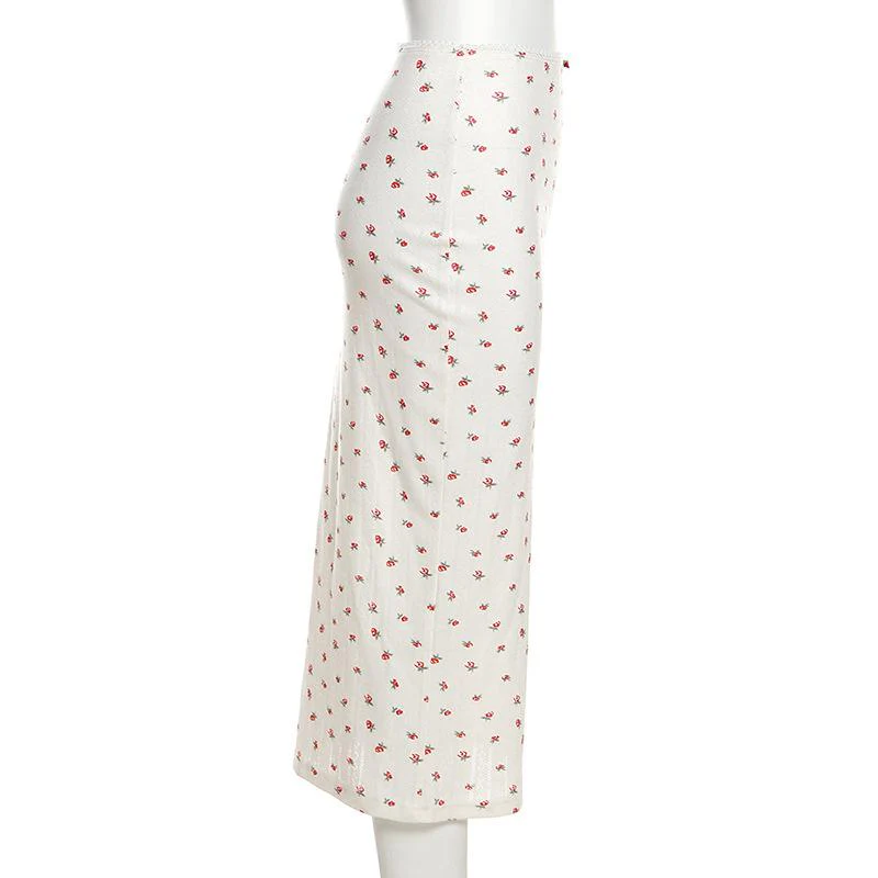Flower print u neck sleeveless low rise lace hem midi skirt set - Image 5
