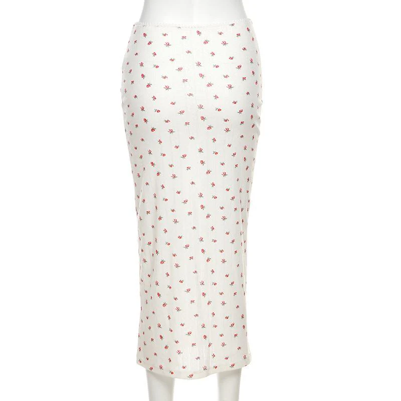 Flower print u neck sleeveless low rise lace hem midi skirt set - Image 6