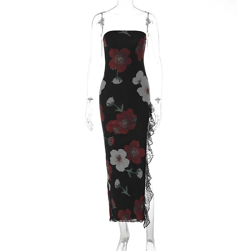 Flower print mesh ruffle slit contrast irregular tube midi dress - Image 2