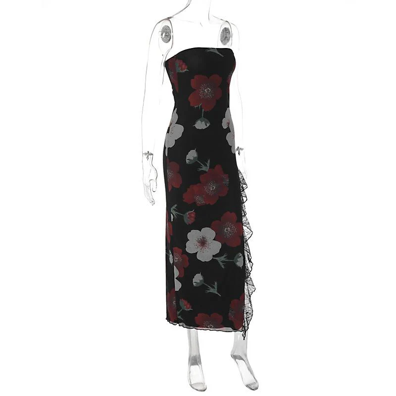 Flower print mesh ruffle slit contrast irregular tube midi dress - Image 3