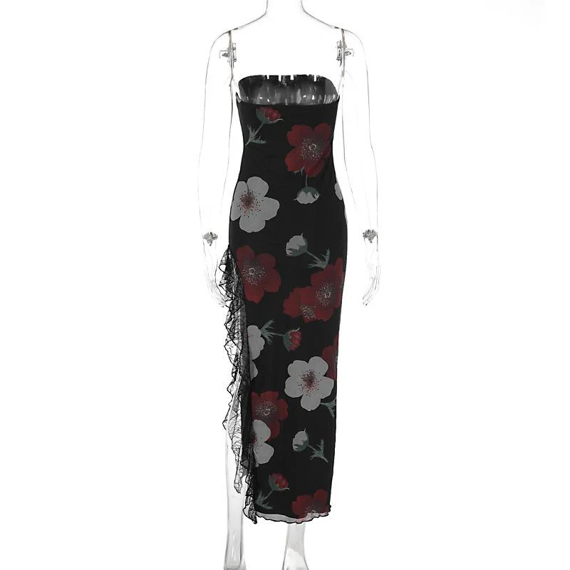 Flower print mesh ruffle slit contrast irregular tube midi dress - Image 4
