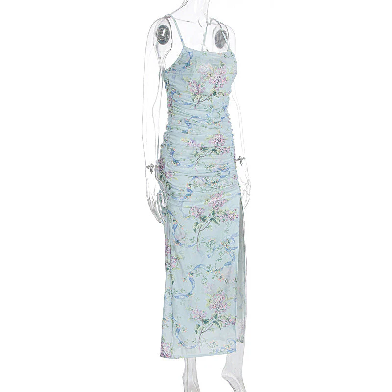 Flower print ruched high slit cami maxi dress - Image 3