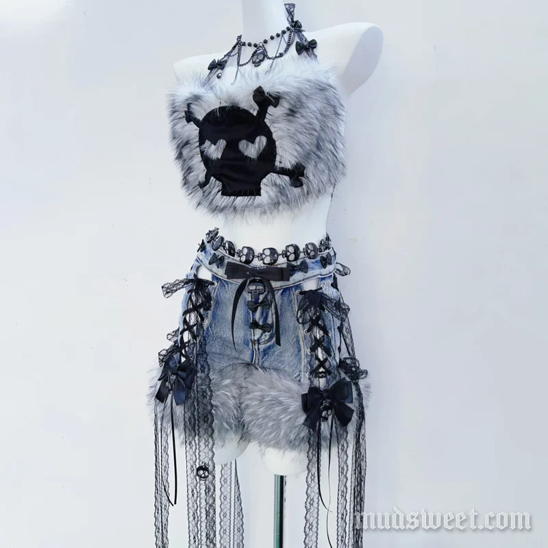 Fluffy bowknot skull pattern lace up top - Image 5