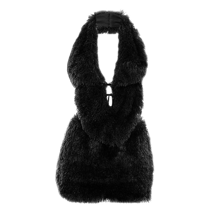 Fluffy halter self tie backless v neck mini skirt set - Image 2