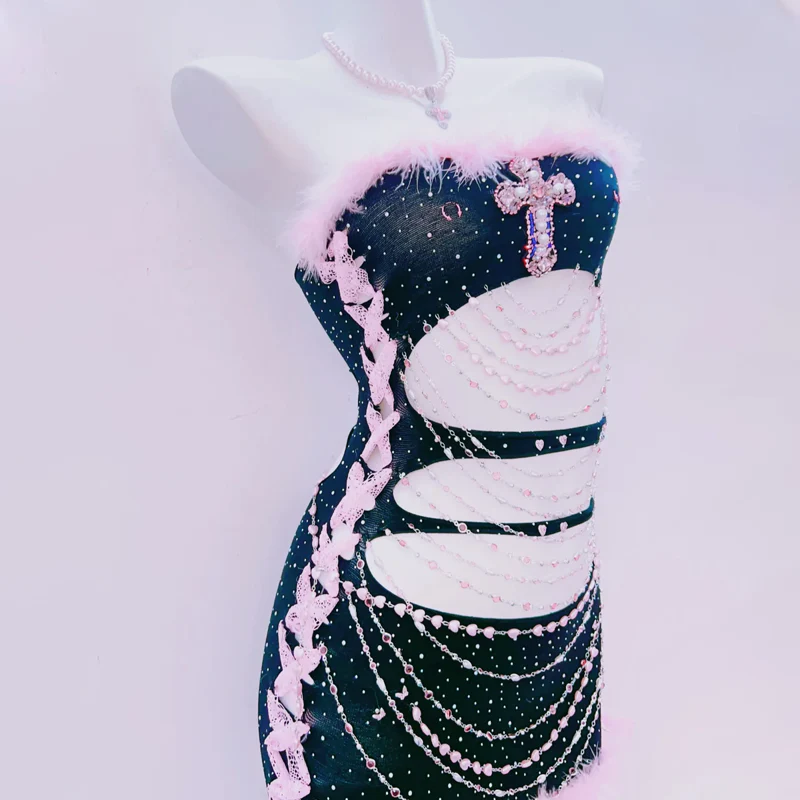 Fluffy hollow out metal chain lace up tube mini dress - Image 2