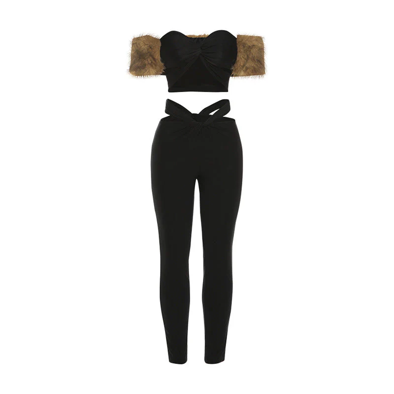 Fluffy hollow out sweetheart neck low rise pant set