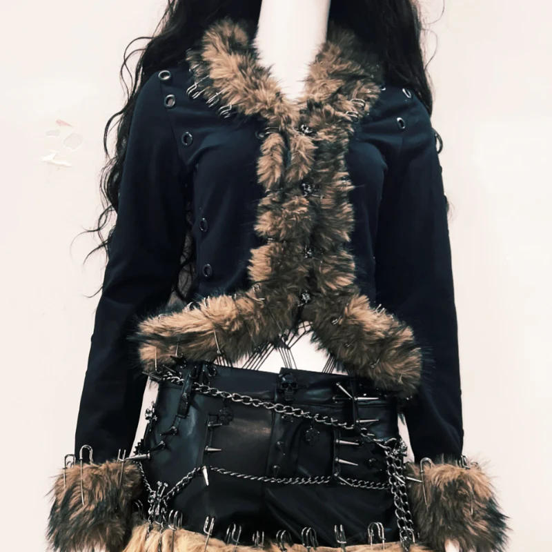 Fluffy long sleeve skull applique hollow out top