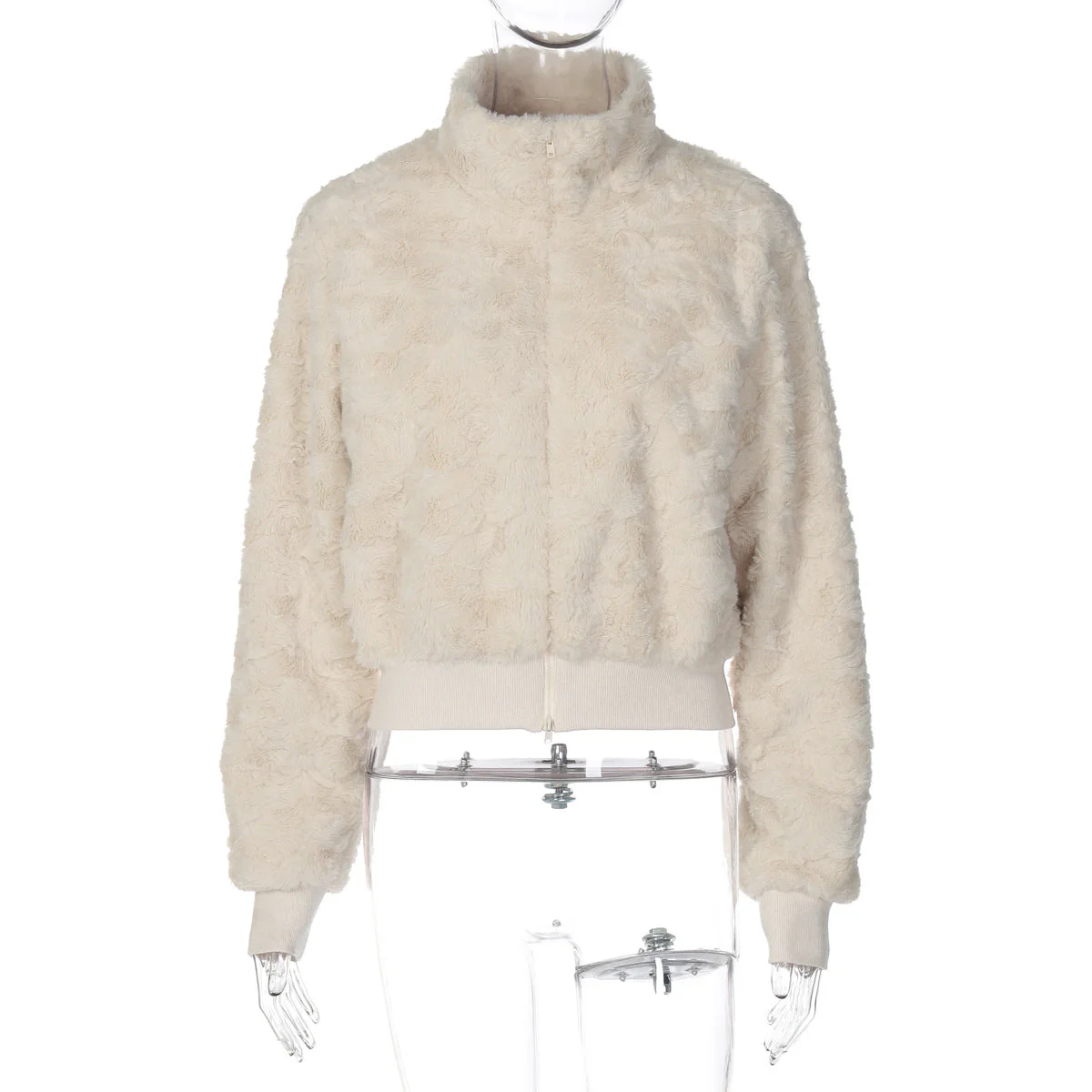 Fluffy long sleeve zip-up high neck top - Image 3