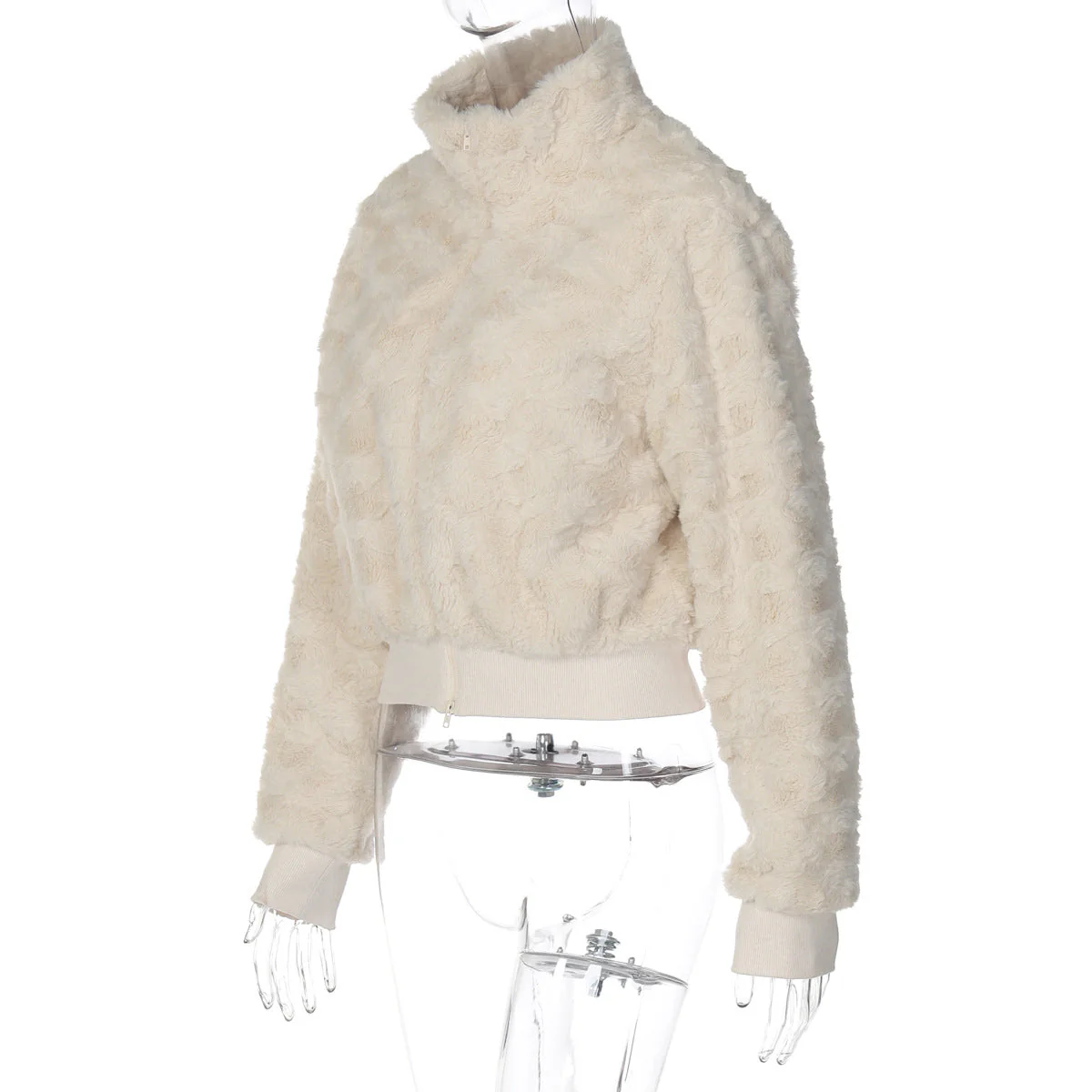 Fluffy long sleeve zip-up high neck top - Image 4