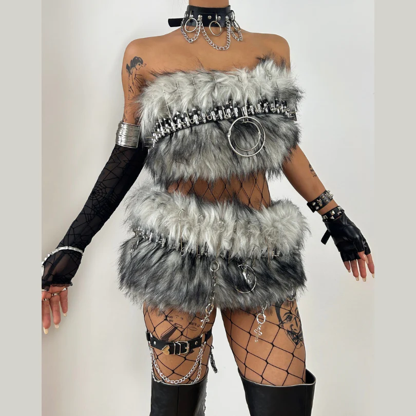 Fluffy metal chain tube mini skirt set