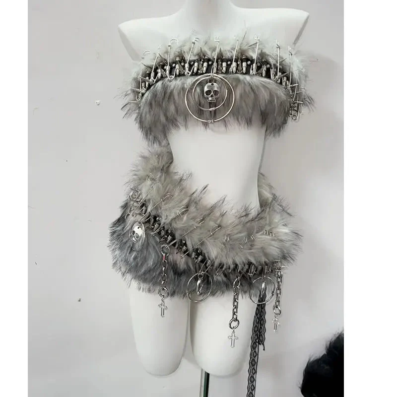 Fluffy metal chain tube mini skirt set - Image 3