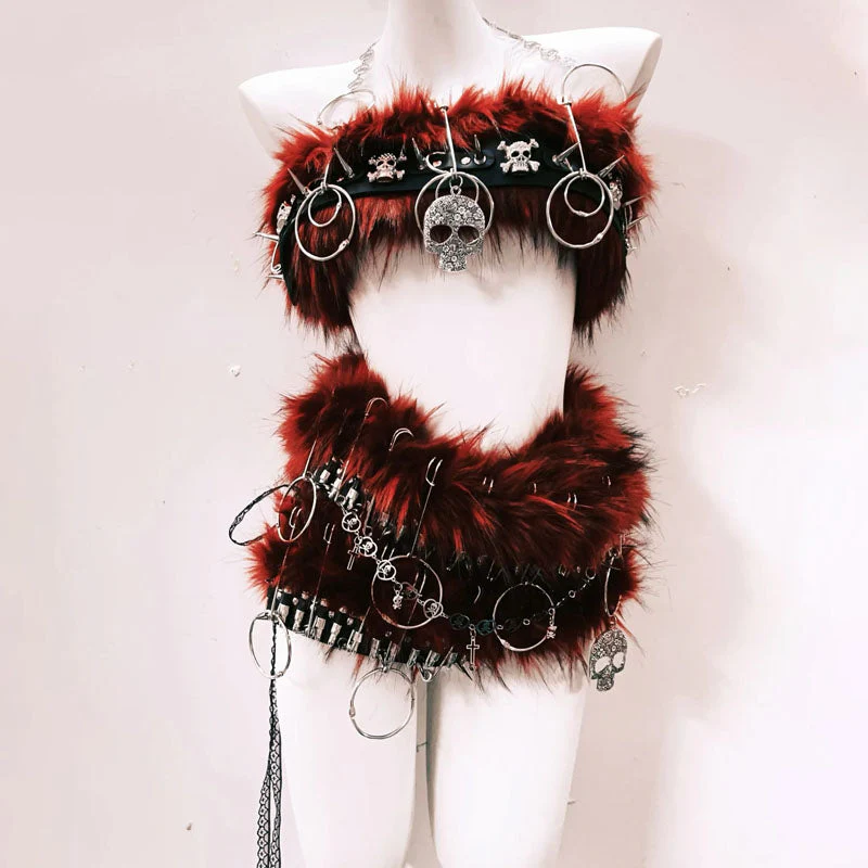 Fluffy o ring skull applique metal chain mini skirt set - Image 2