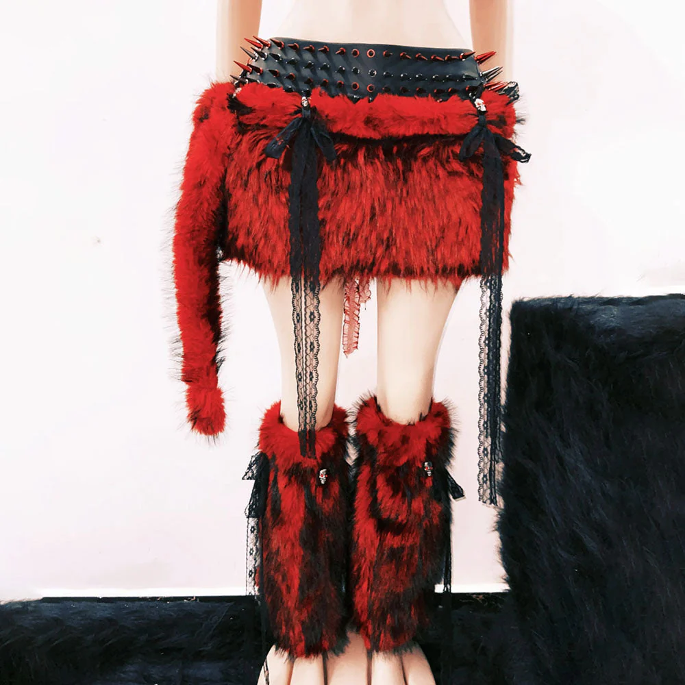 Fluffy rivet applique A line belt mini skirt